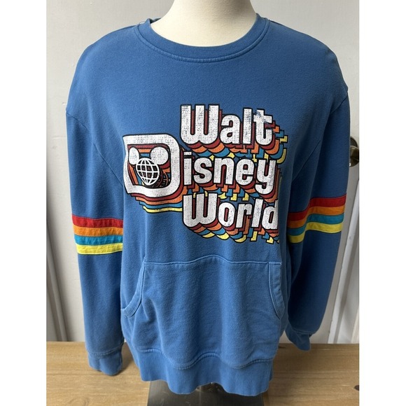 Disney Other - Walt Disney World Retro Blue Crewneck Rainbow‎ Sweatshirt front pockets SIZE Med